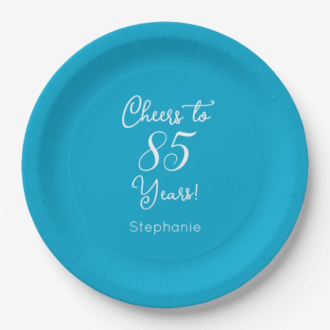 Elegant Aqua Blue Cheers bis 85 Jahre 85. Geburtst Pappteller (Vorderseite)