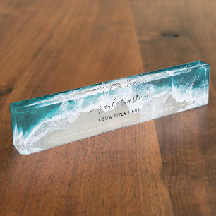 Elegant Aqua Blue Green Beach Script Modern Namensplakette