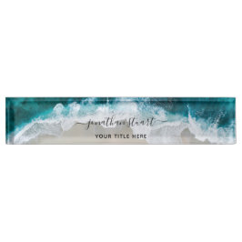 Elegant Aqua Blue Green Beach Script Namensplakette