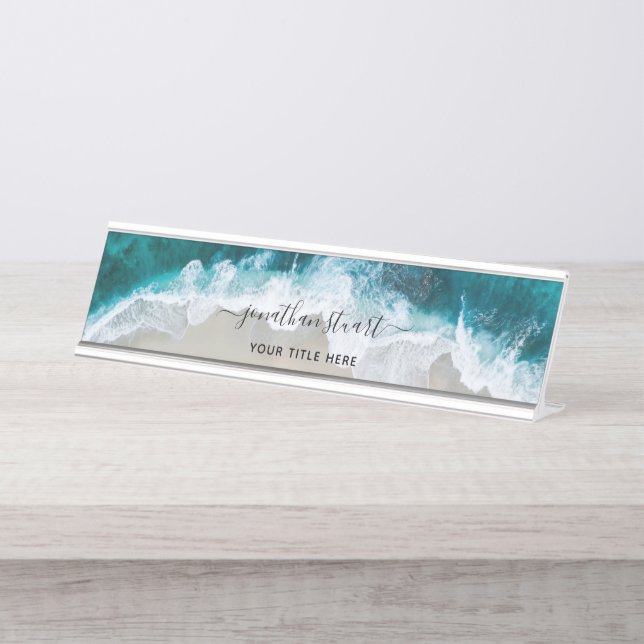 Elegant Aqua Blue Green Beach Script Schreibtischnamensplakette (Vorderseite )