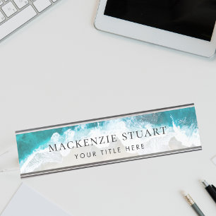 Elegant Aqua Blue Green Beach Script Schreibtischnamensplakette