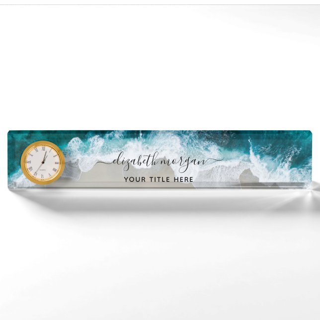Elegant Aqua Blue Green Script Name Clock Namensplakette (Vorderseite)