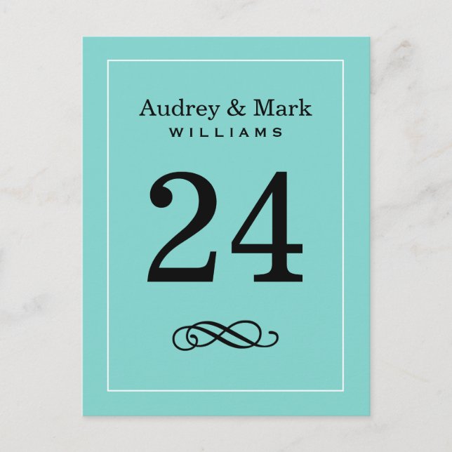 Elégant Aqua Blue Monogram Mariage Numéro de table (Devant)