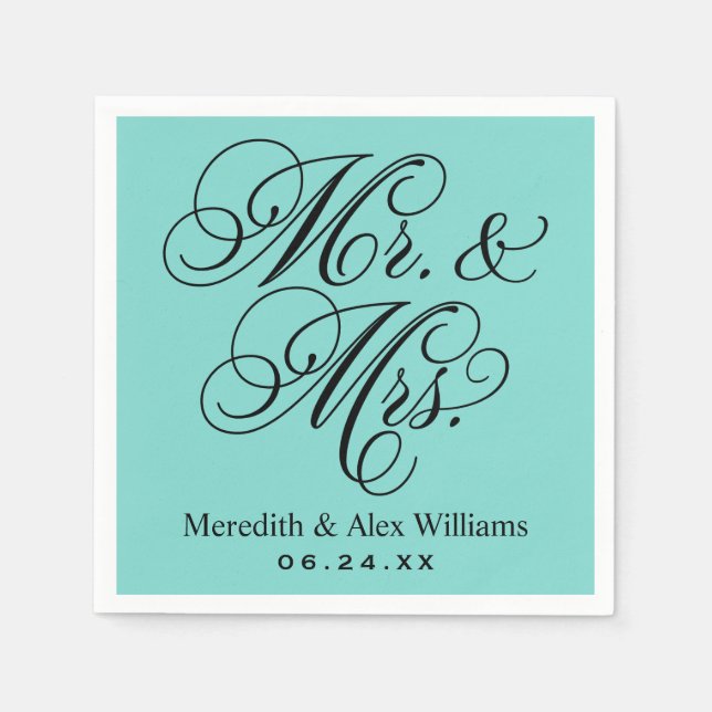 Elegant Aqua Blue Mr. und Mrs. Script Monogram Serviette (Vorderseite)