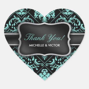 Elegant Aqua Blue und Black Damask Vielen Dank Herz-Aufkleber