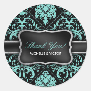Elegant Aqua Blue und Black Damask Vielen Dank Runder Aufkleber