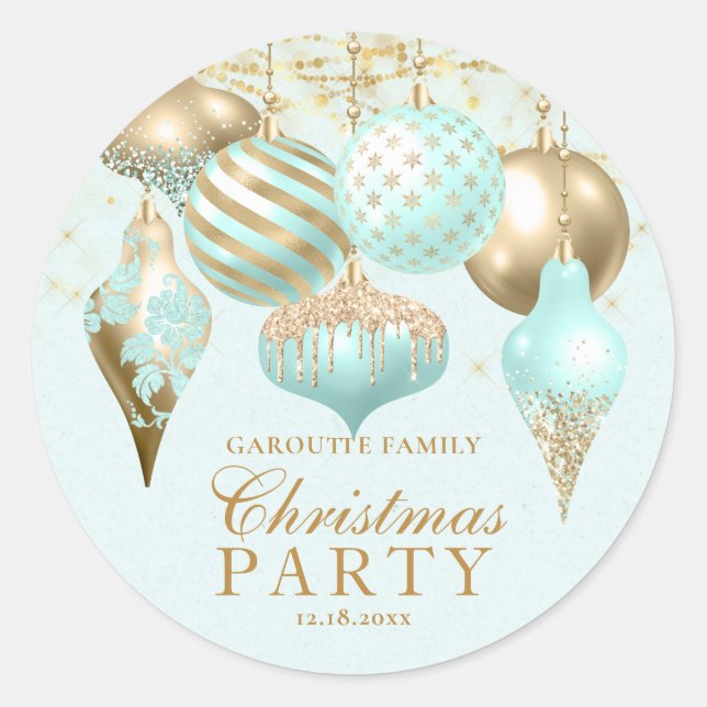 Elegant Aqua Gold Ornaments Christmas Party Runder Aufkleber (Vorderseite)