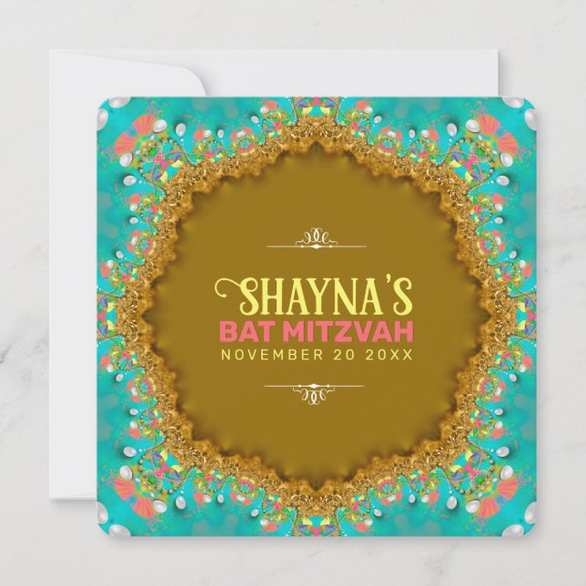 Elegant Aqua Gold Satin Lace Bat Mitzvah Einladung (Vorderseite)