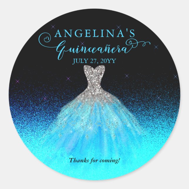 Elegant Aqua | Silver Spanish Gown Quinceañera Runder Aufkleber (Vorderseite)