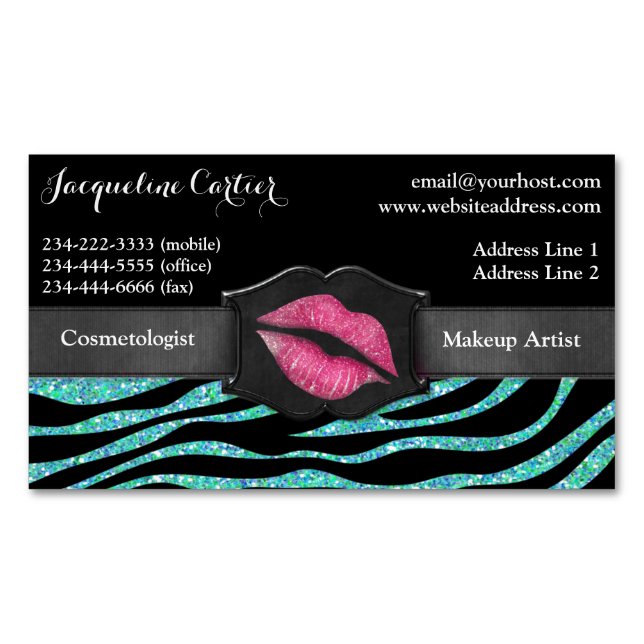 Elegant Aqua Zebra Glitzer Kiss Kosmetologe Magnetische Visitenkarte (Vorderseite)