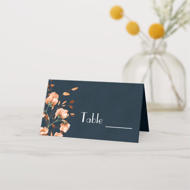 Elegant Aquamarin Blue Burnt Orange Floral Platzkarte (Vorderseite)
