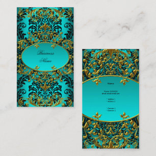 Elegant Aquamarin Blue Gold Damask Floral Visitenkarte