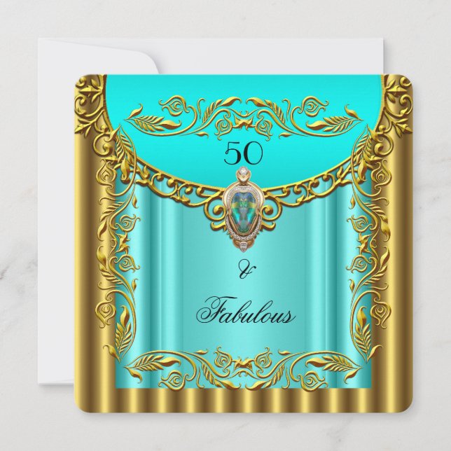 Elegant Aquamarin Blue Gold Fantastisch 50. Geburt Einladung (Vorderseite)