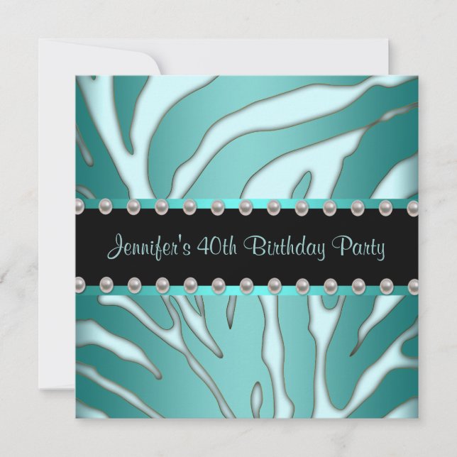 Elegant Aquamarin Blue Zebra Frauen 40. Geburtstag Einladung (Vorderseite)
