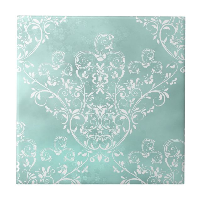 Elegant Aquamarin Damask Tile Fliese (Vorderseite)