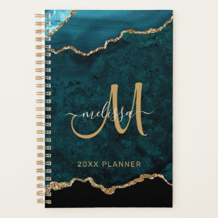 Elegant Aquamarin Gold Glitzer Agate Monogram 2024 Planer
