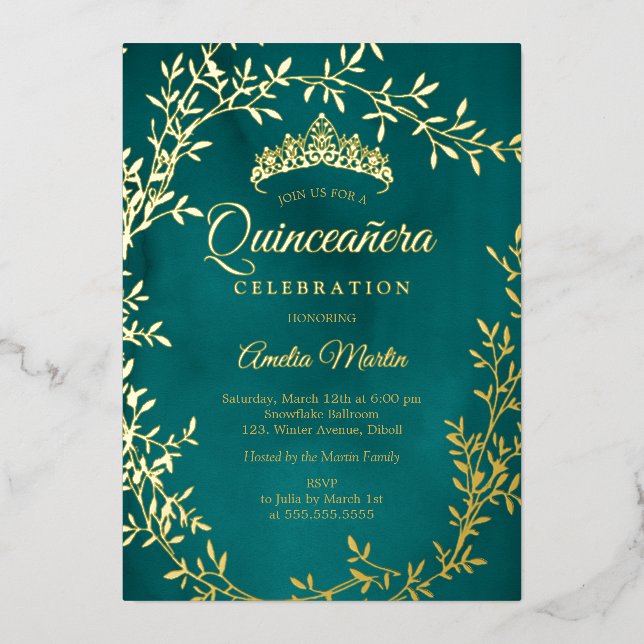 Elegant Aquamarin Gold Leaf Wreath Quinceanera Folieneinladung (Vorderseite)