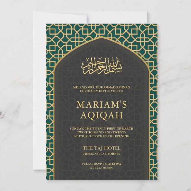 Elegant Aquamarin Gray Gold Islamischer Mihrab Aqi Einladung (Vorderseite)