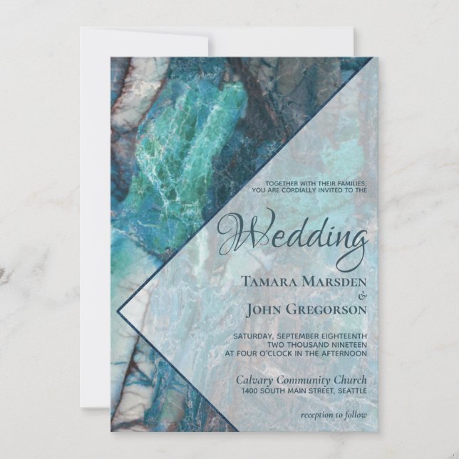 Elegant Aquamarin Marble Geometric Wedding Einladung (Vorderseite)