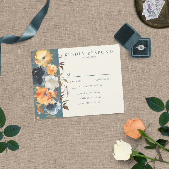 Elegant Aquamarin Terracotta Navy Boho Floral RSVP Karte (Von Creator hochgeladen)