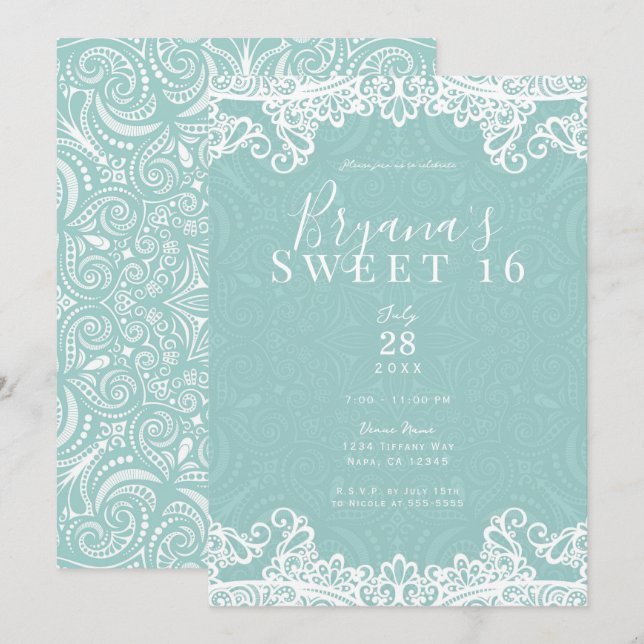 Elegant Aquamarin Türkis White Lace Sweet 16 Party Einladung (Vorne/Hinten)