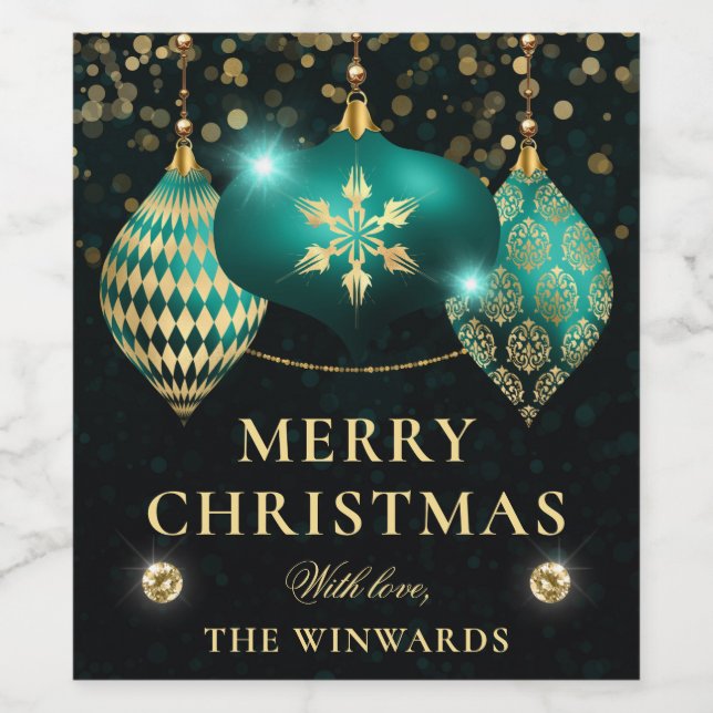 Elegant Aquamarin und Gold Baubles Frohe Weihnacht Weinetikett (Einzelnes Label)