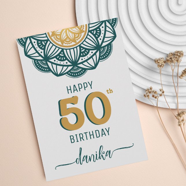 Elegant Aquamarin und Gold Mandala 50. Geburtstag Karte (Von Creator hochgeladen)