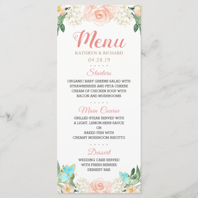 Elégant Aquarelle Bleu Peach Floral Menu Mariage (Devant)