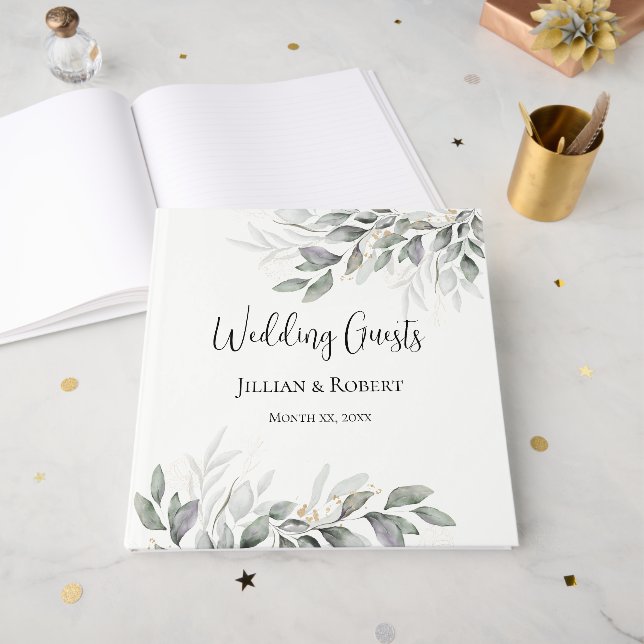 Elégant Aquarelle Feuille Mariage livre d'hôtes (Recto ouvert)