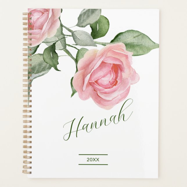 Elégant aquarelle rose Roses Nom Planificateur (Devant)