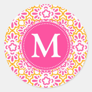 Elegant Arabesque Damask Hot Pink Personalisiert Runder Aufkleber