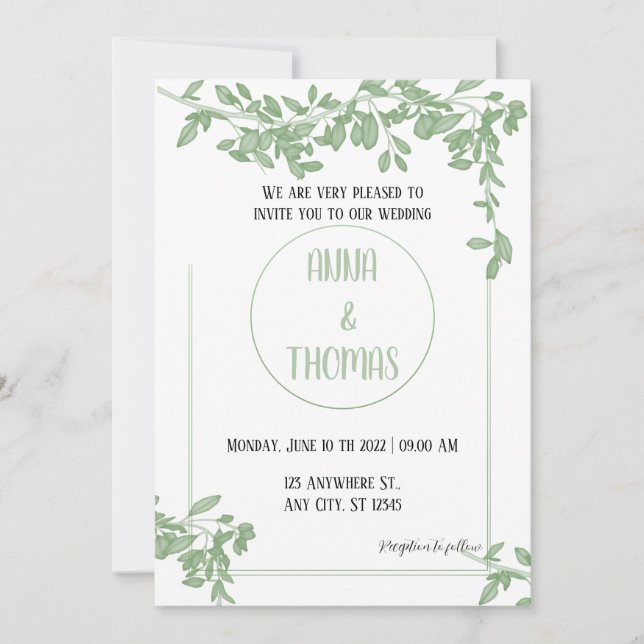 Elegant ArborealGrüne Blätter Einladung Hochzeit (Vorderseite)