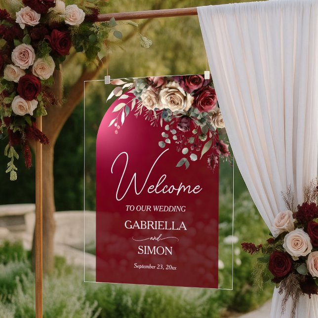 Elegant Arch Burgund Rose Hochzeit Willkommen Acrylschild (Von Creator hochgeladen)