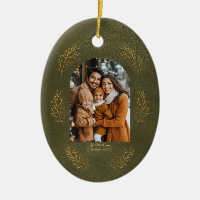 Elegant Arch Family Photo Leaves Green Christmas Keramik Ornament (Vorne)