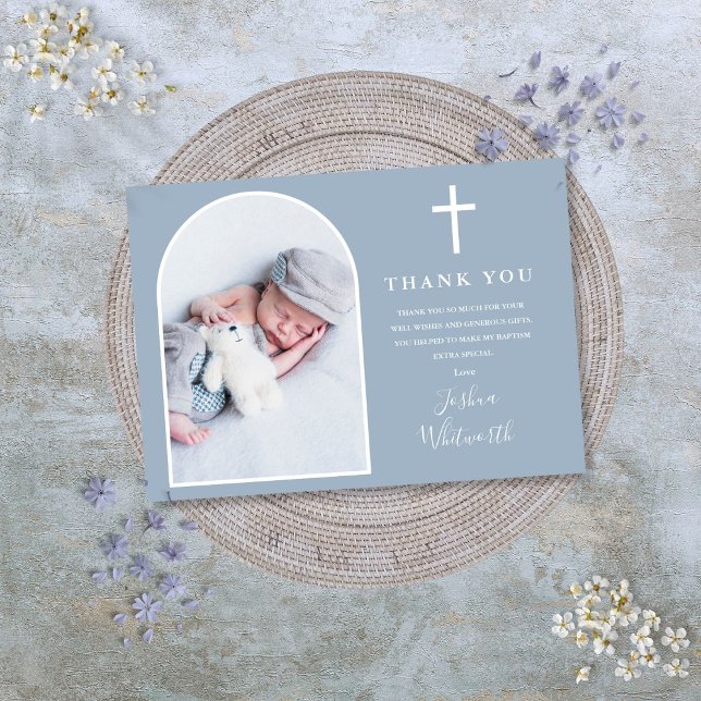 Elegant Arch Foto Dusty Blue Baptisse Dankeskarte (Elegant Arch Photo Dusty Blue Baptism Thank You Card)
