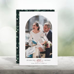 Elegant Arch Frame Married and Merry Photo Feiertagskarte<br><div class="desc">Modern arch photo holiday card with decorative "and" script between 2 words and a winter greenery pattern on the back. For more advanced customization of this design,  please click the BLUE DESIGN TOOL BUTTON.</div>