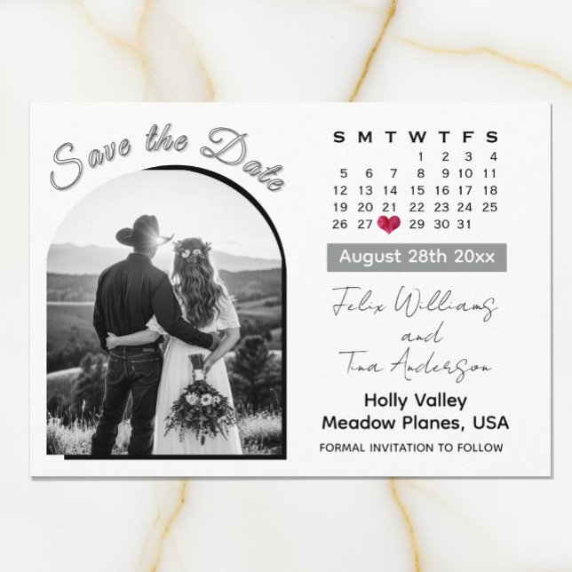 Elegant Arch Photo Black / White Wedding Calendar Save The Date (Elegant Black & White Wedding Calendar Save the Date Card)