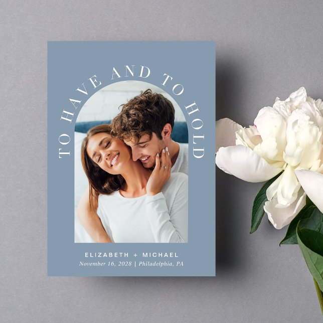 Elegant Arch Photo QR Code Dusty Blue Wedding Einladung (Celebrate your love story with an invitation showcasing your favorite photo in an elegant arch frame)