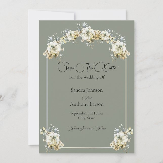 Elegant Arched Floral Sage Green Save The Date (Vorderseite)