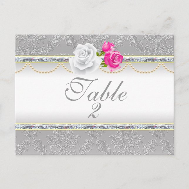 Élégant Argent Damas et rose rose Numéro de table (Devant)