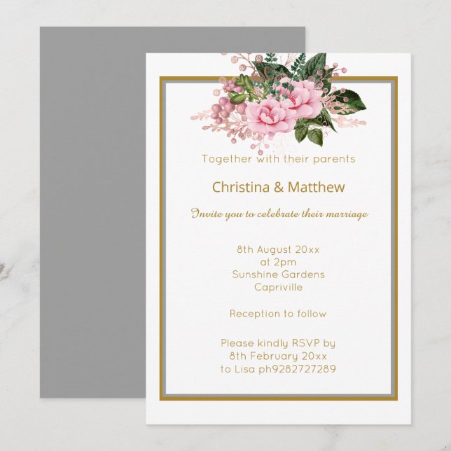 ÉLÉGANT ARGENT D'OR FAIRE-PART DE MARIAGE FLORALE (Devant / Derrière)