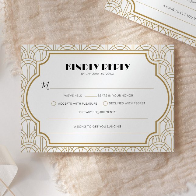 Elegant Art Deco Gatsby 1920s Wedding White Gold RSVP Karte (Von Creator hochgeladen)