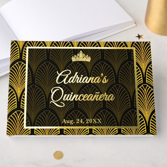 Elegant Art Deco Gold Black Quinceanera Gästebuch (Von Creator hochgeladen)