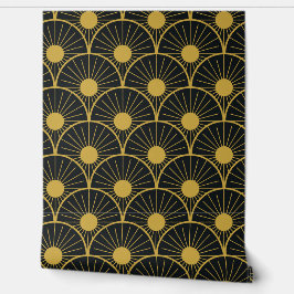 Elegant Art Deco Gold Sun Pattern on Black Tapete