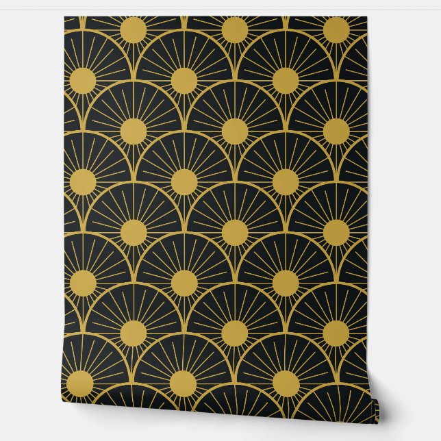Elegant Art Deco Gold Sun Pattern on Black  Tapete (Abrollen)