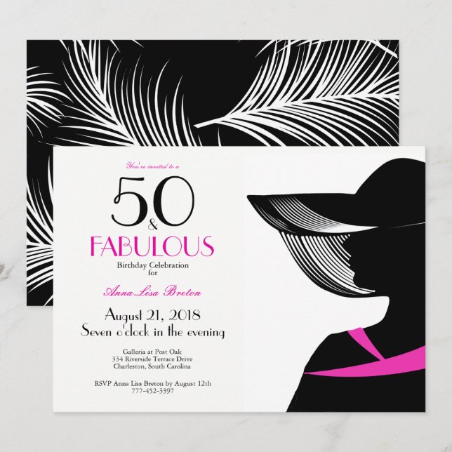 Elegant Art Deco Hot Rosa elegante Lady 50 & Fab Einladung (Vorne/Hinten)