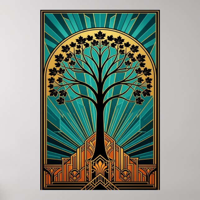 Elegant Art Deco Maple Tree Silhouette Gold Teal Poster (Vorne)