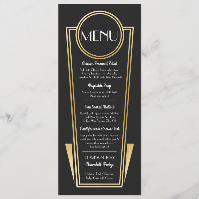 Elégant Art Déco Mariage Menu Gold Black Réception (Devant)