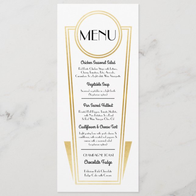 Elégant Art Déco Mariage Menu Gold White Réception (Devant)