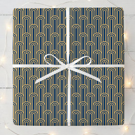 Elegant Art Deco Pattern Arches Navy Gold Chic Geschenkpapier